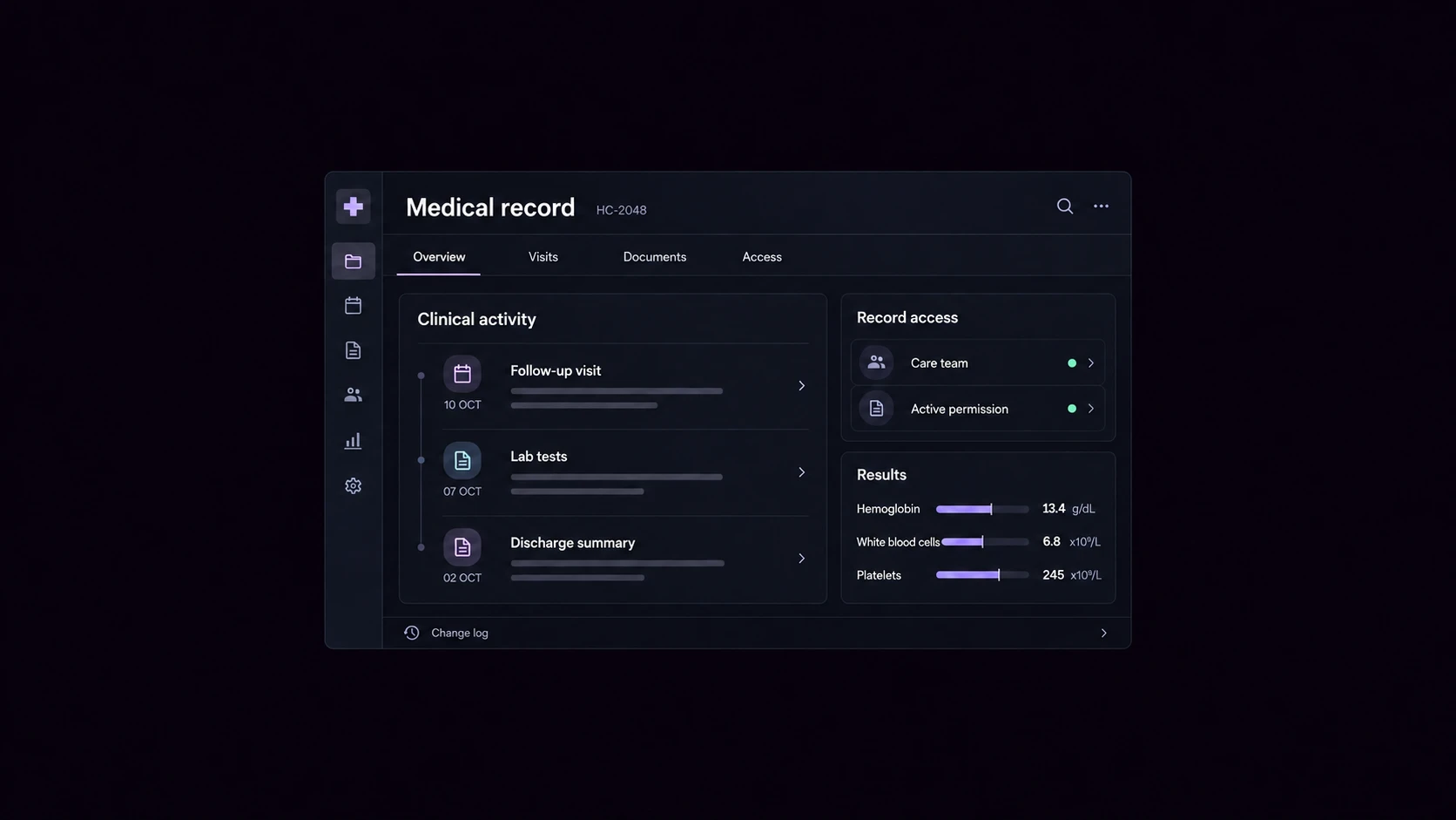 English medical record application showing visits, results and access permissions