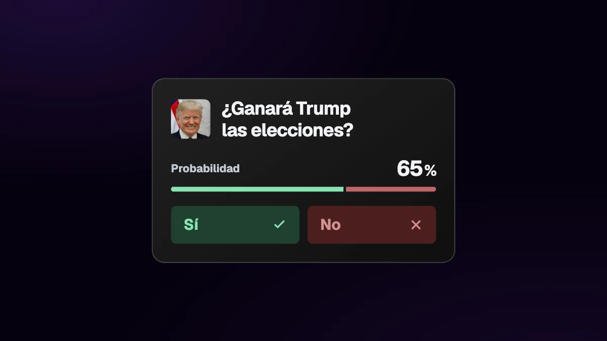 Tarjeta de mercado de predicción con retrato de Donald Trump, pregunta electoral y opciones Sí y No en verde y rojo.