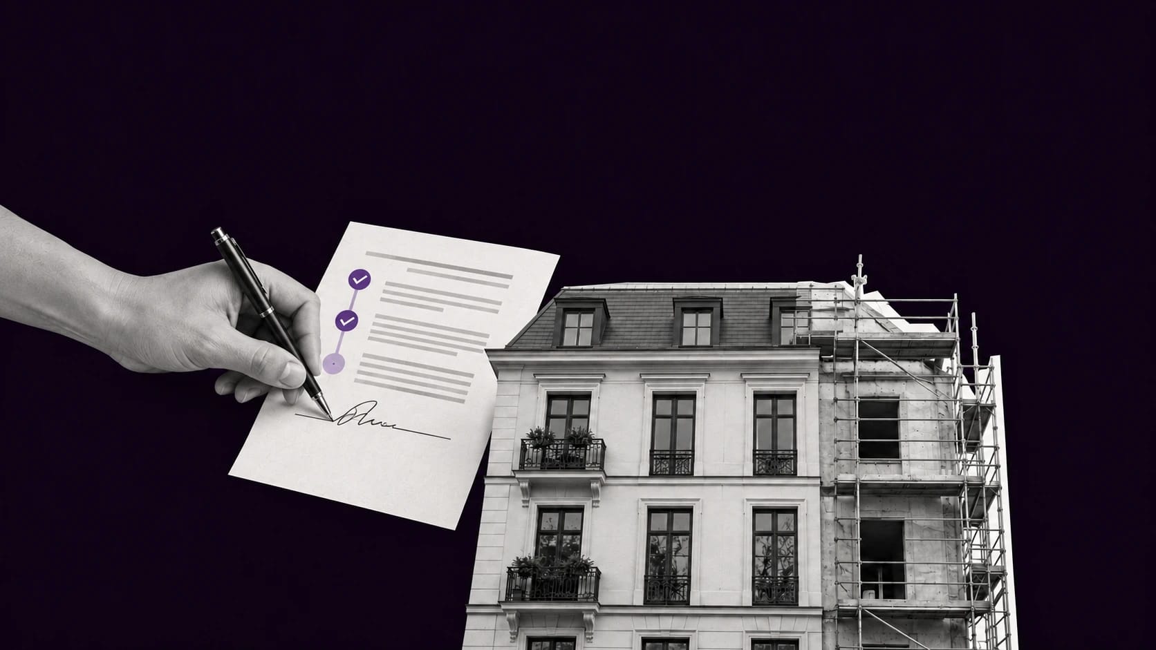 Collage en blanco y negro de una mano firmando un documento con hitos junto a una fachada con andamios sobre fondo oscuro