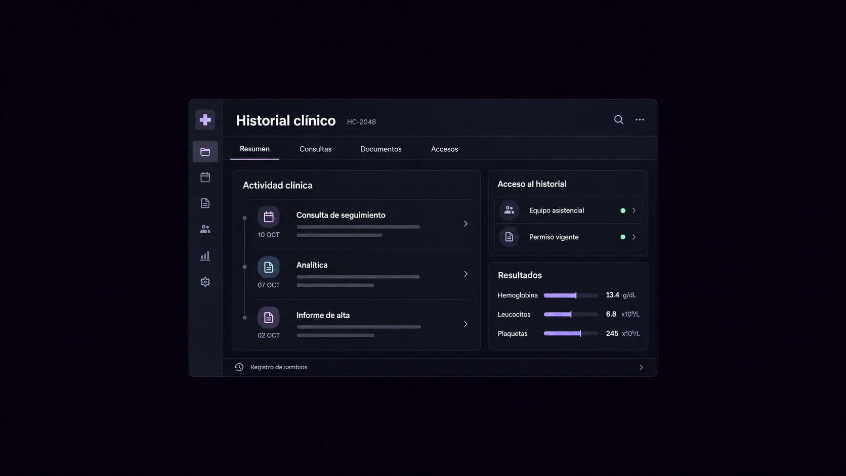 Aplicación de historial clínico con consultas, resultados de laboratorio y permisos de acceso