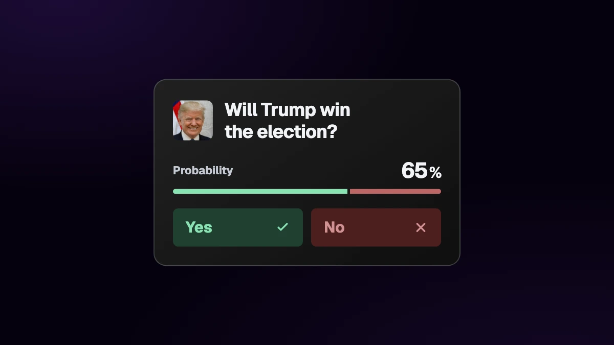 Prediction market card with Donald Trump’s portrait, an election question and green Yes and red No options.