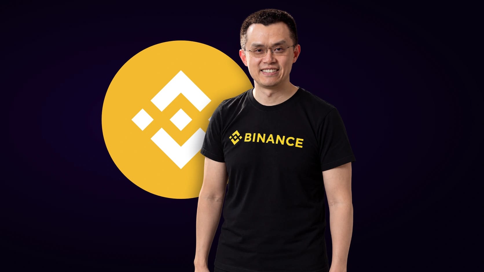 Changpeng Zhao (CZ) ante el logo circular de Binance sobre fondo oscuro