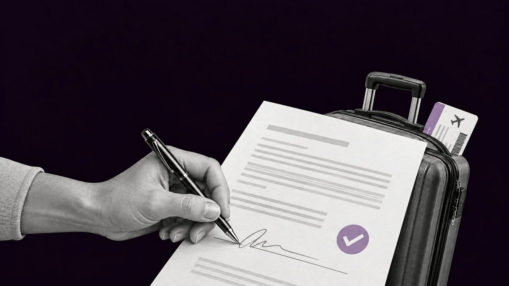 Black-and-white collage of a hand signing an insurance policy beside a suitcase and boarding pass on a dark background