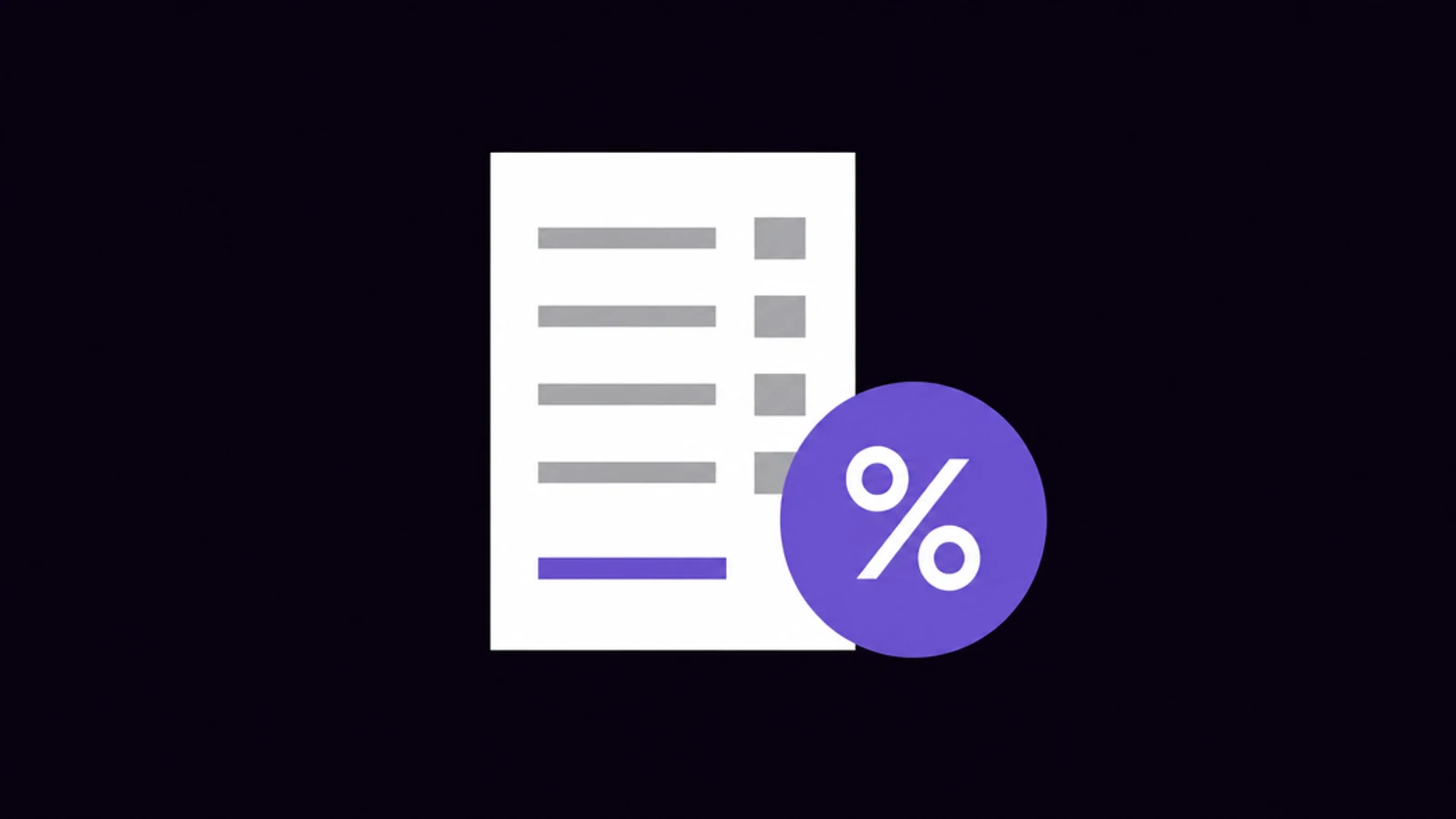 Budget sheet with line items and a violet percentage symbol on a dark background