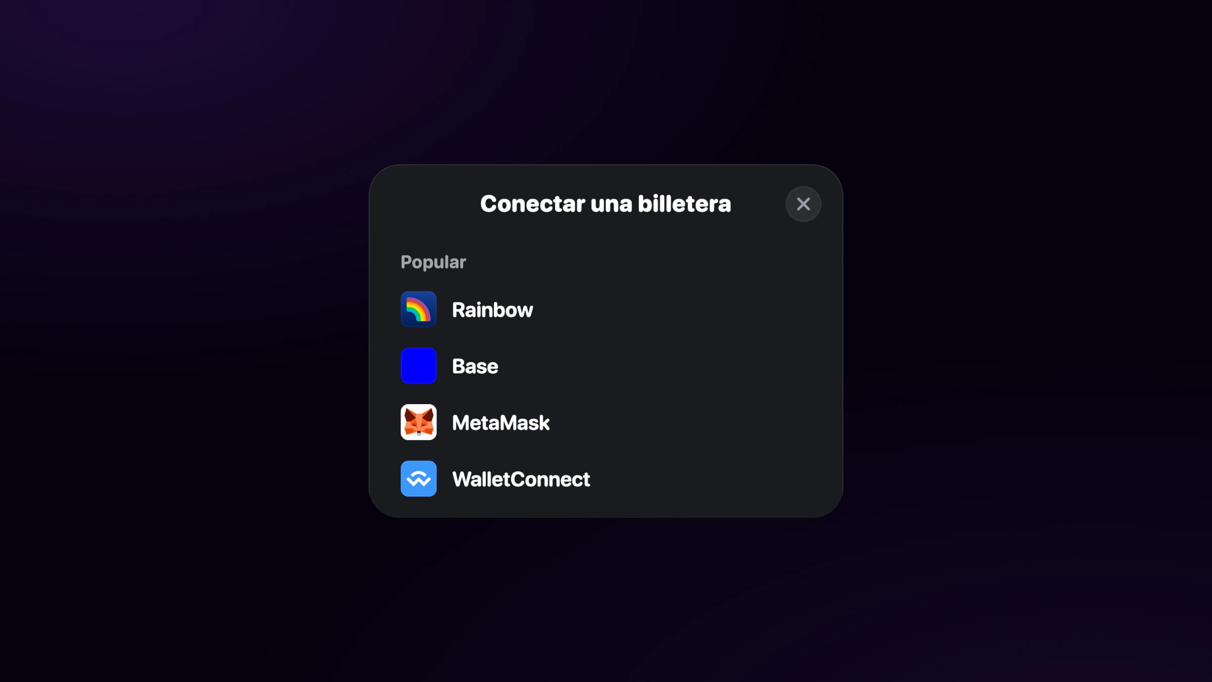 Selector de conexión de RainbowKit con Rainbow, Base, MetaMask y WalletConnect sobre fondo violeta oscuro.