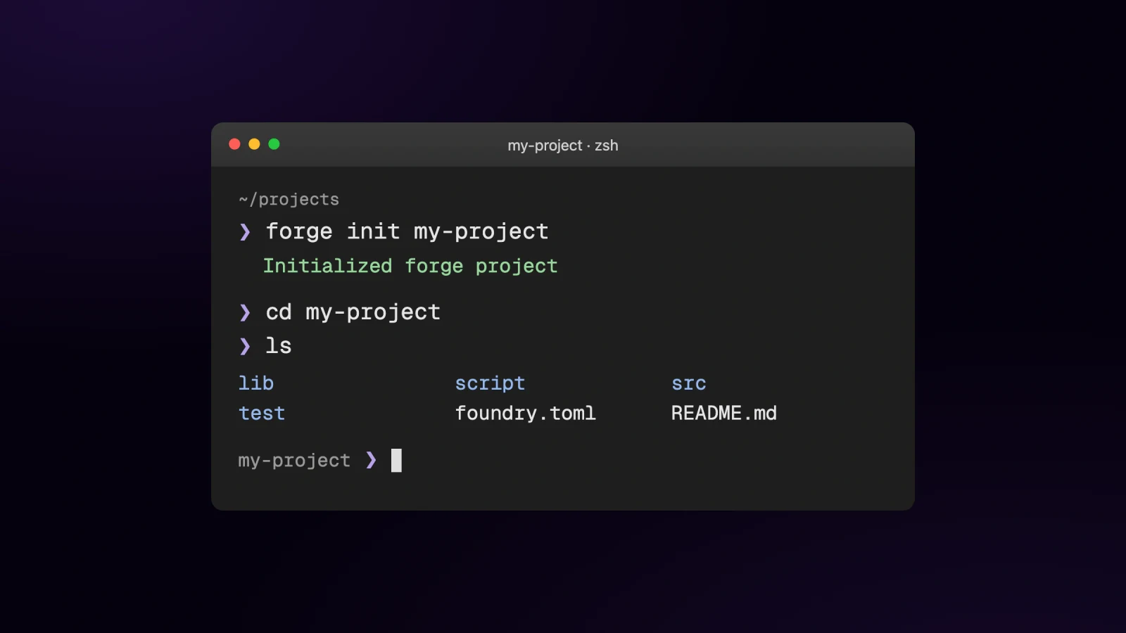 Terminal showing the commands to create a Foundry project