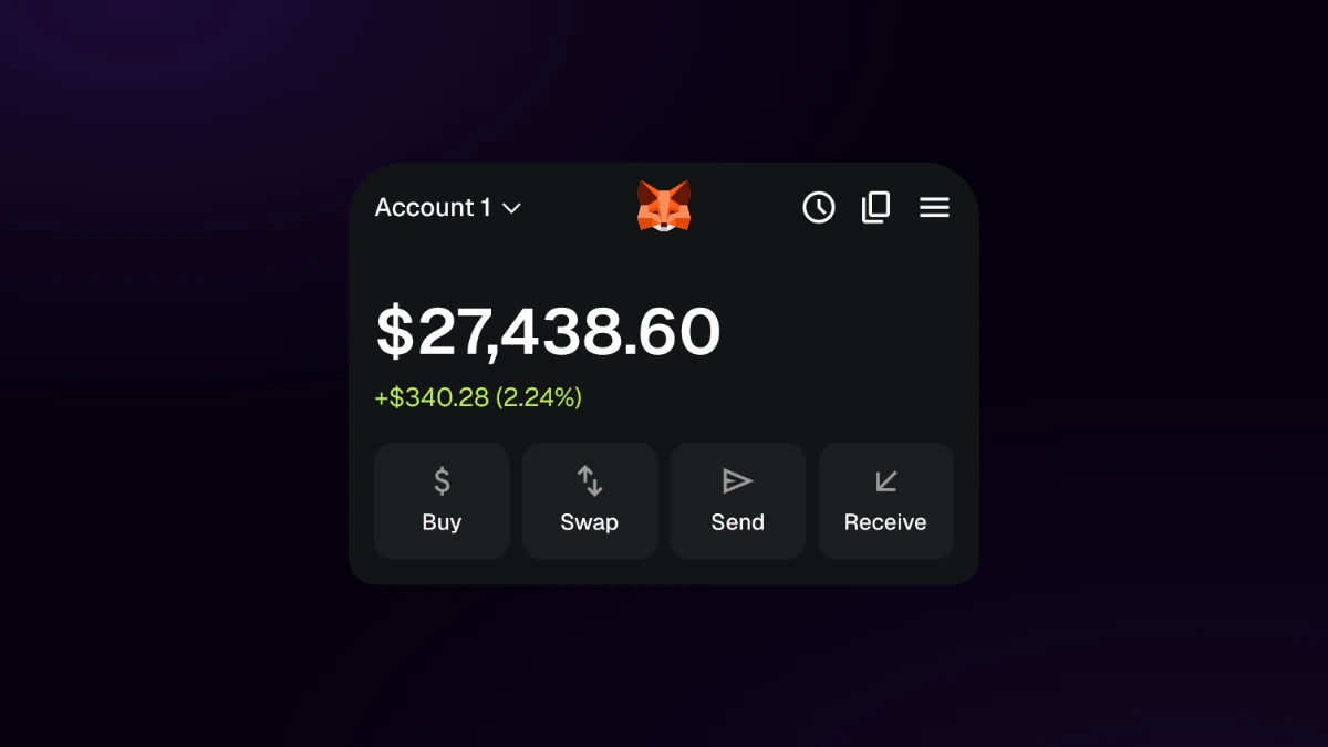 MetaMask wallet with its mark integrated into the header, balance and actions.