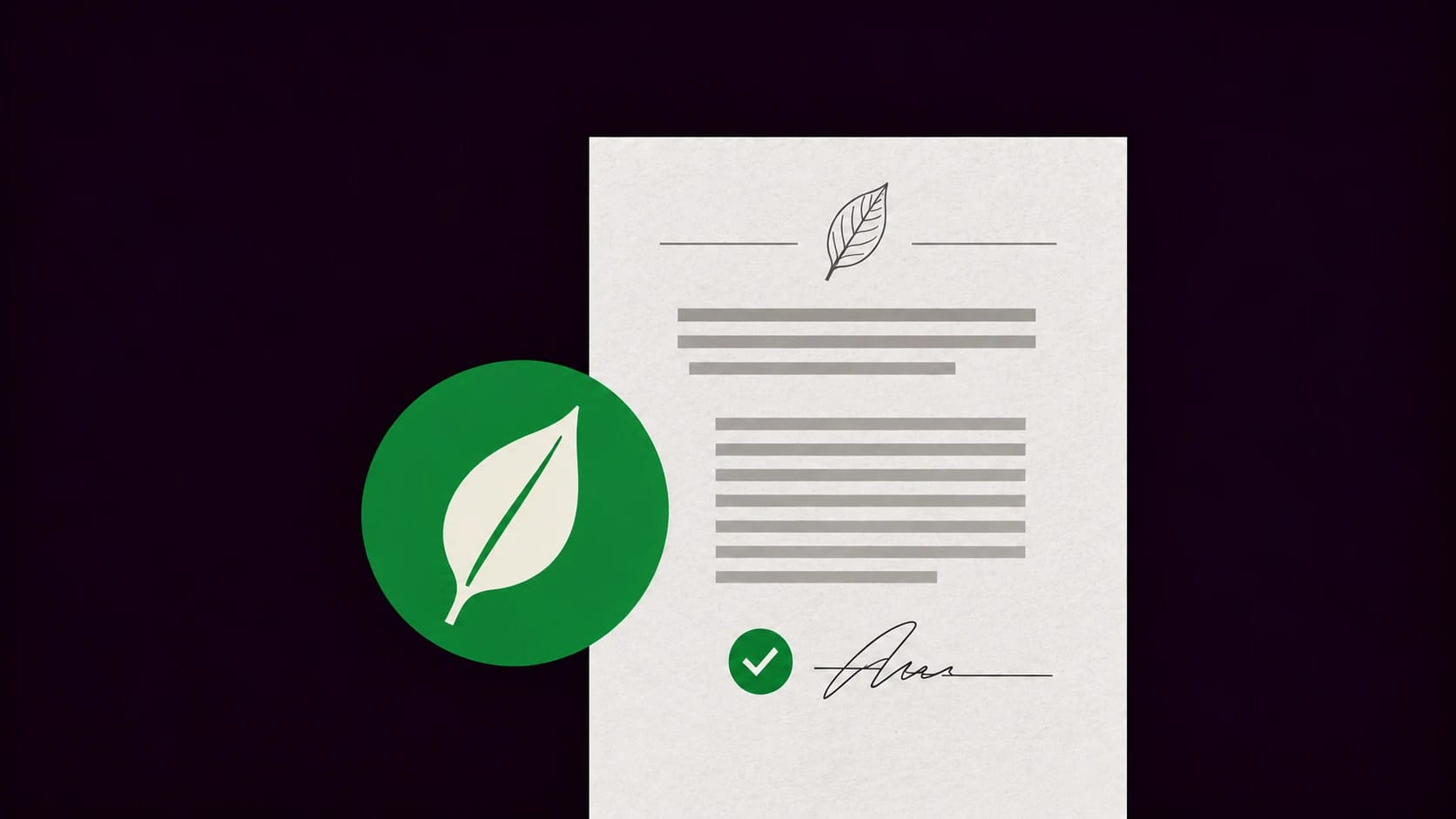 Green circular token beside an upright carbon offset certificate, overlapping as one centred composition