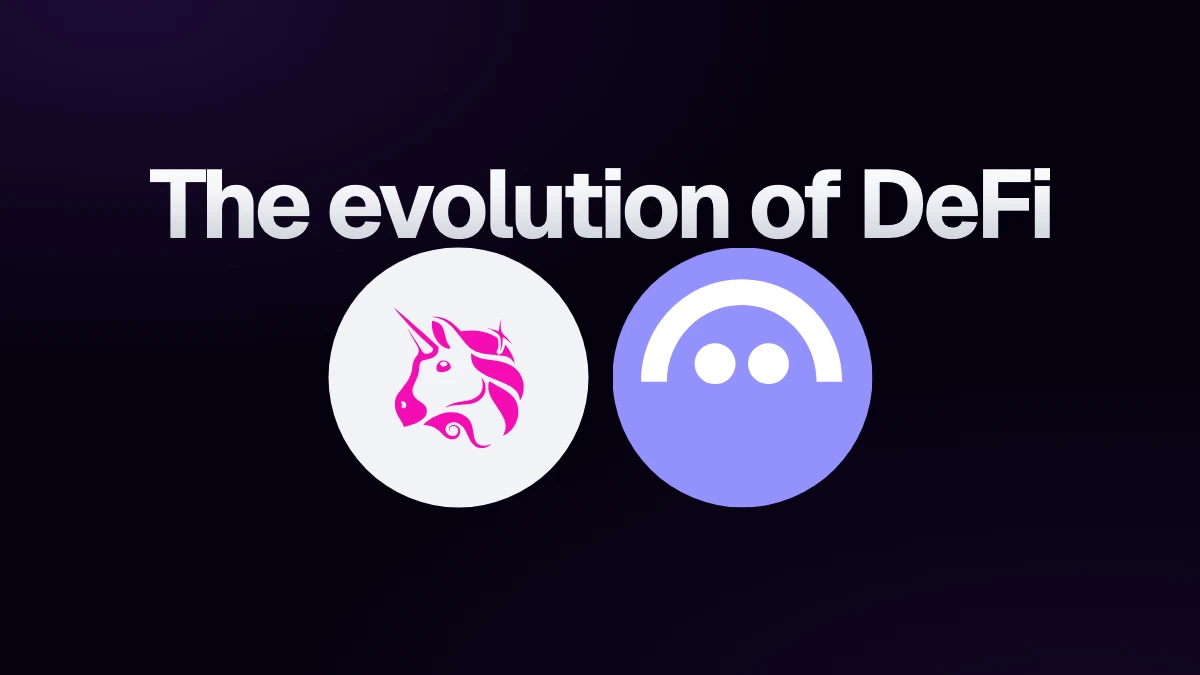 Uniswap and Aave logos centered below The evolution of DeFi