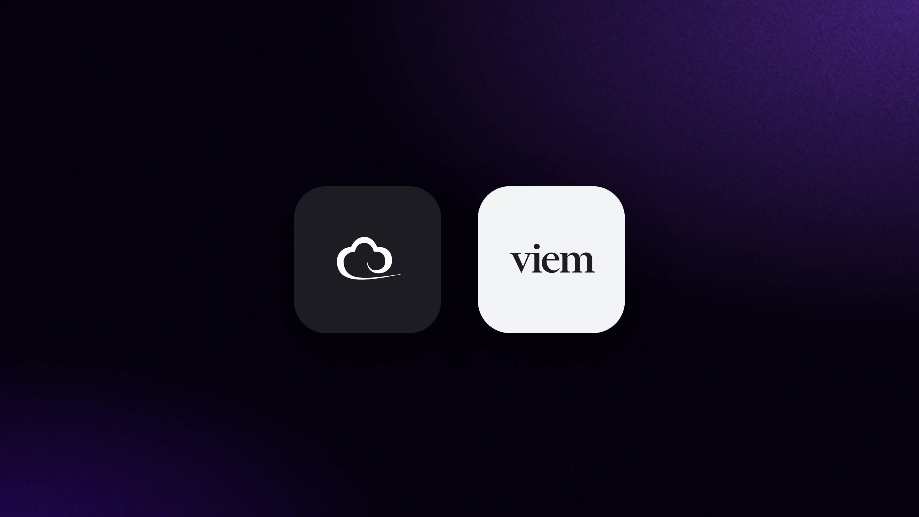 Logos de ethers.js y viem ampliados sobre un fondo oscuro con degradado violeta sutil