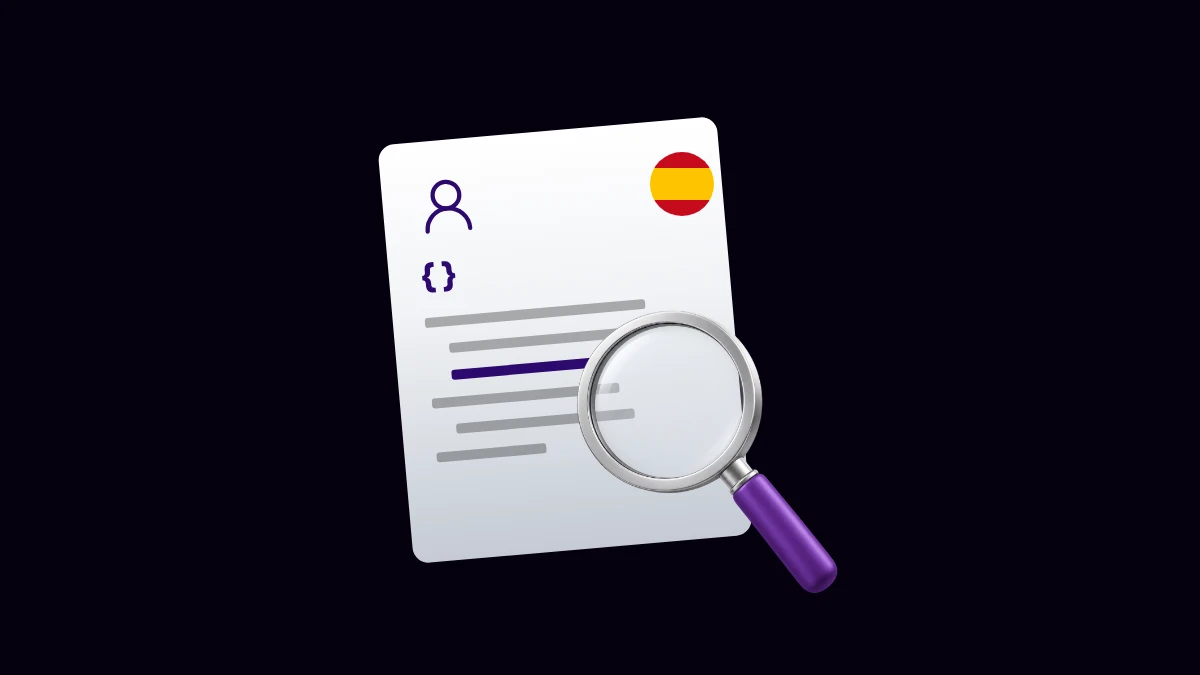 Technical profile with code and a Spanish flag examined through a magnifying glass
