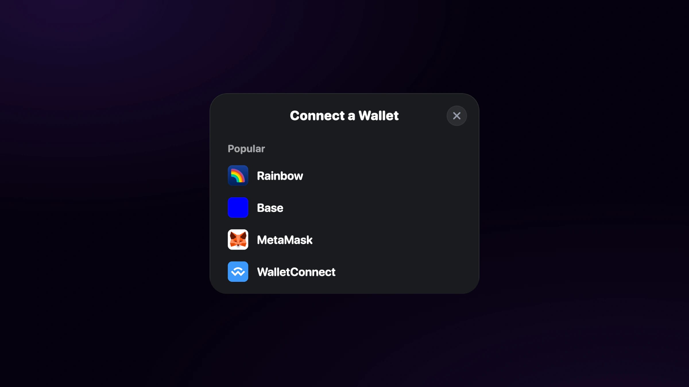RainbowKit wallet connection selector with Rainbow, Base, MetaMask and WalletConnect on a dark violet background.