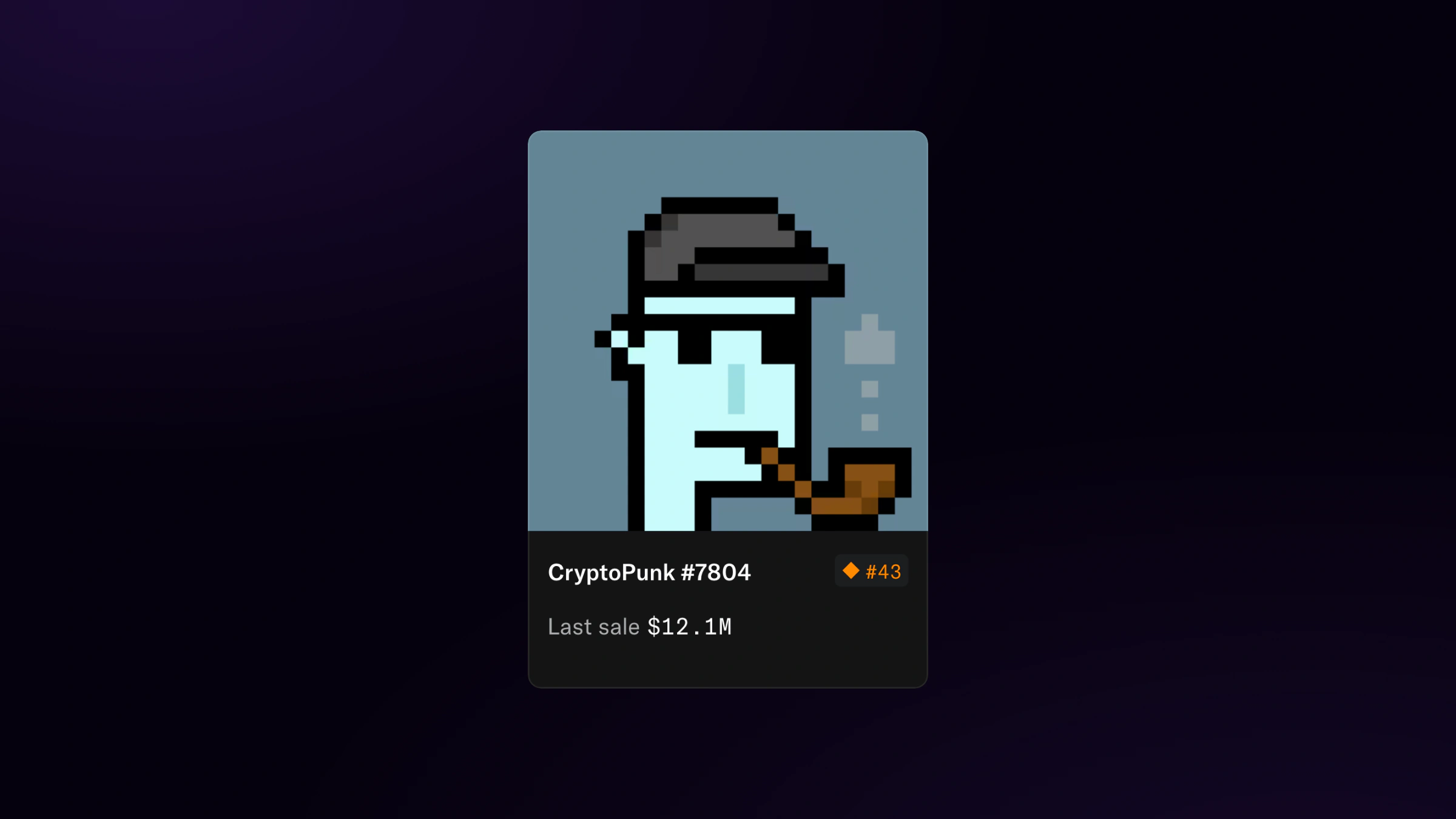 OpenSea card featuring CryptoPunk #7804, a pixelated alien with a cap and pipe, centered on a dark violet background.