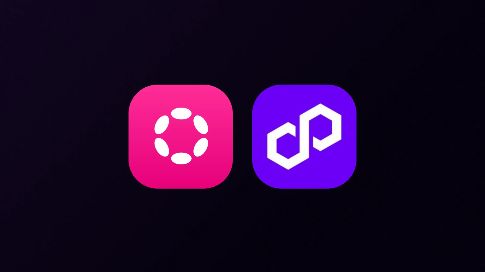 Logotipos cuadrados de Polkadot y Polygon sobre fondo oscuro