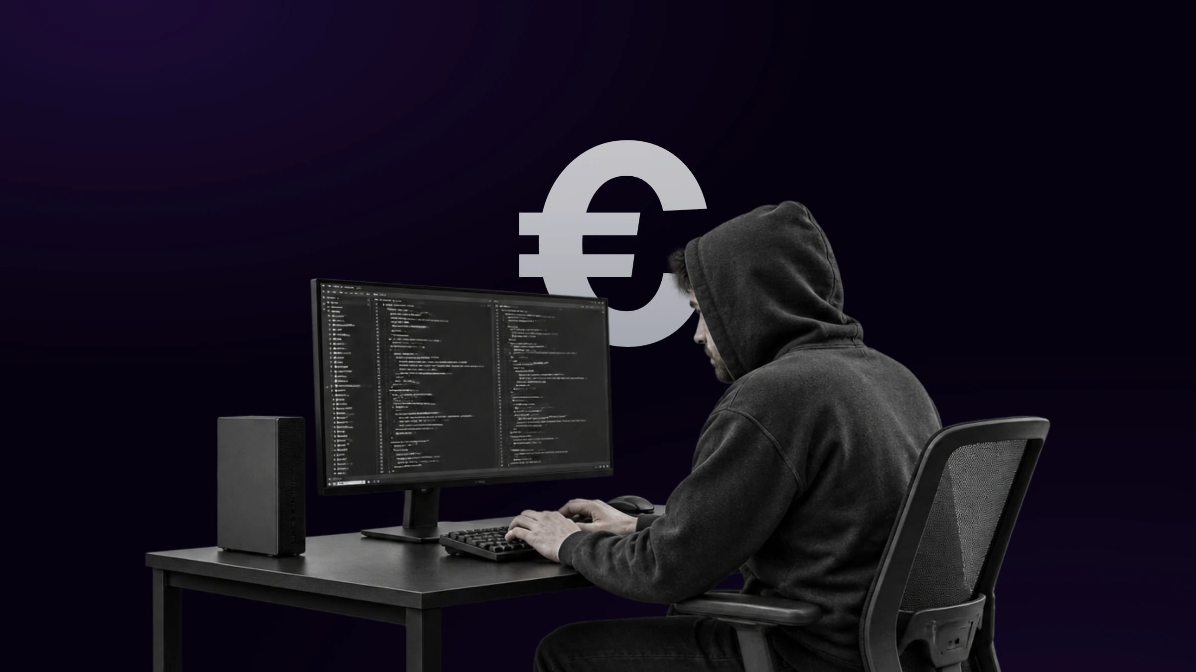 Desarrollador con capucha y monitor en primer plano desde el borde inferior, con € detrás