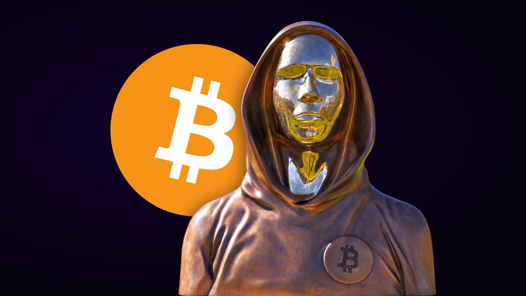 Estatua de Satoshi Nakamoto de Budapest ante el logo circular de Bitcoin