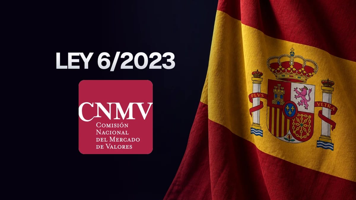 Ley 6/2023 y logo CNMV redondeado a la izquierda, con la bandera española de tejido en el lateral derecho.