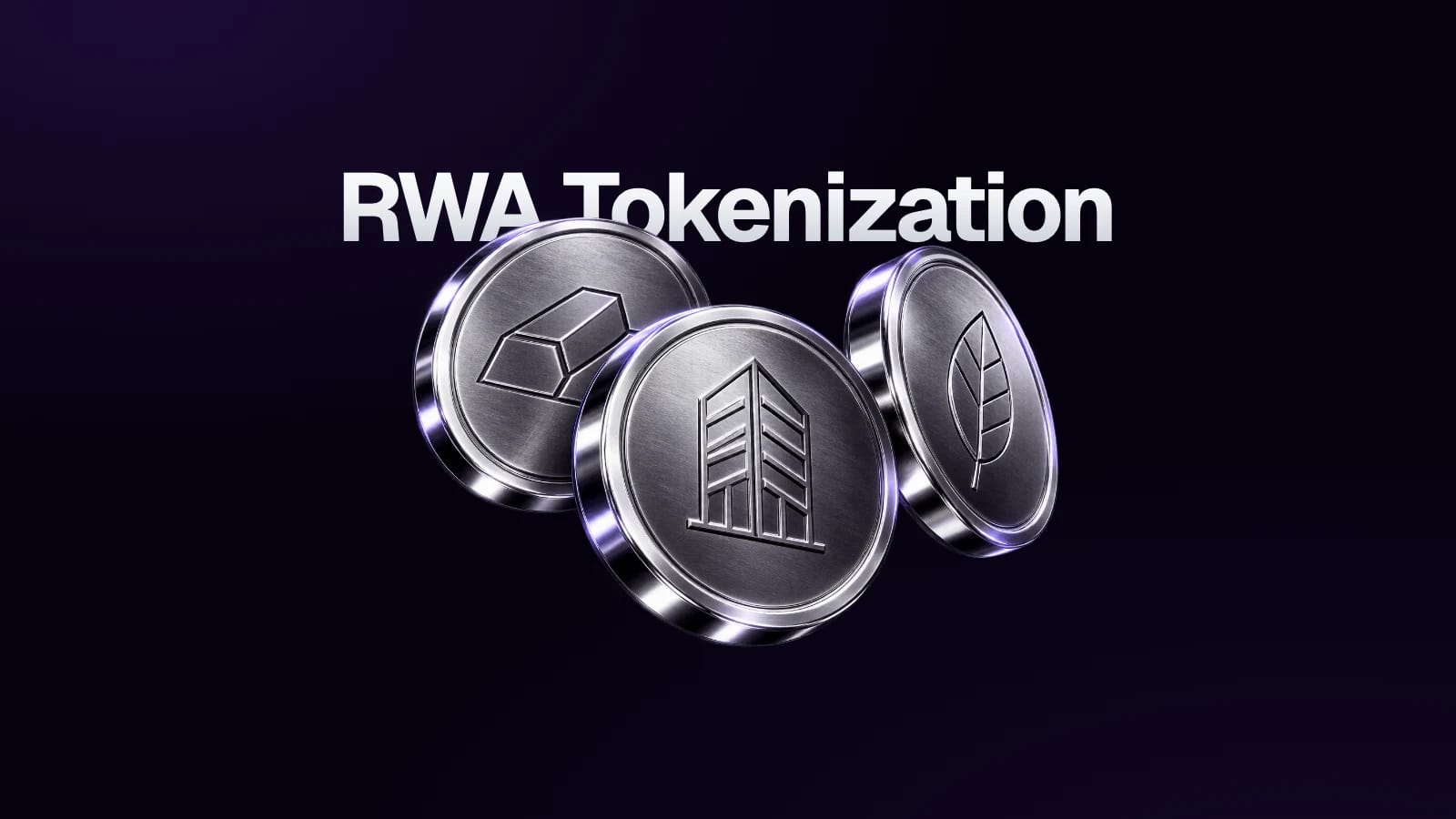 Silver tokens engraved with a building, bullion and a leaf, below the RWA Tokenization title