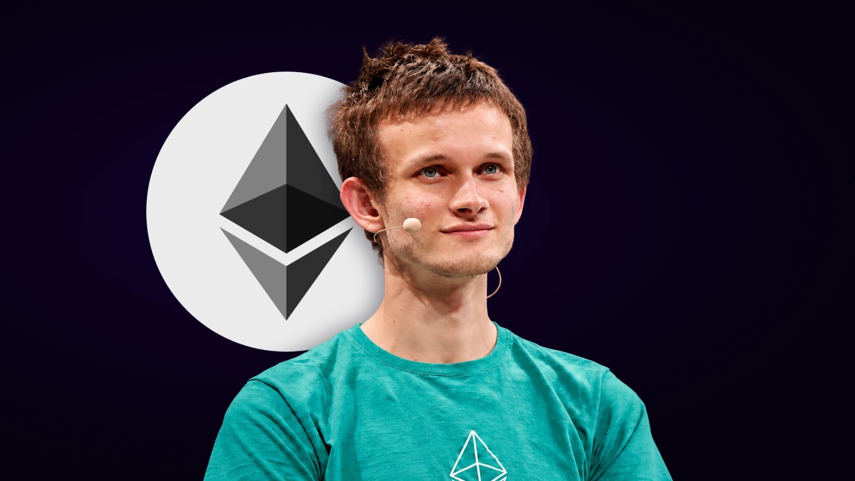Vitalik Buterin ante el logo circular de Ethereum sobre fondo oscuro