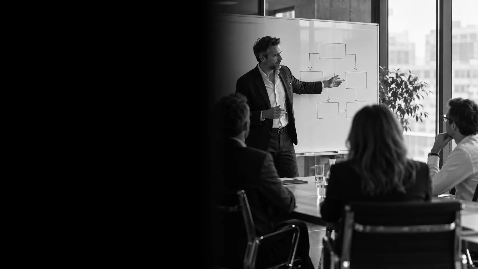 Consultant walking a leadership team through a process diagram on a whiteboard during a blockchain consulting session