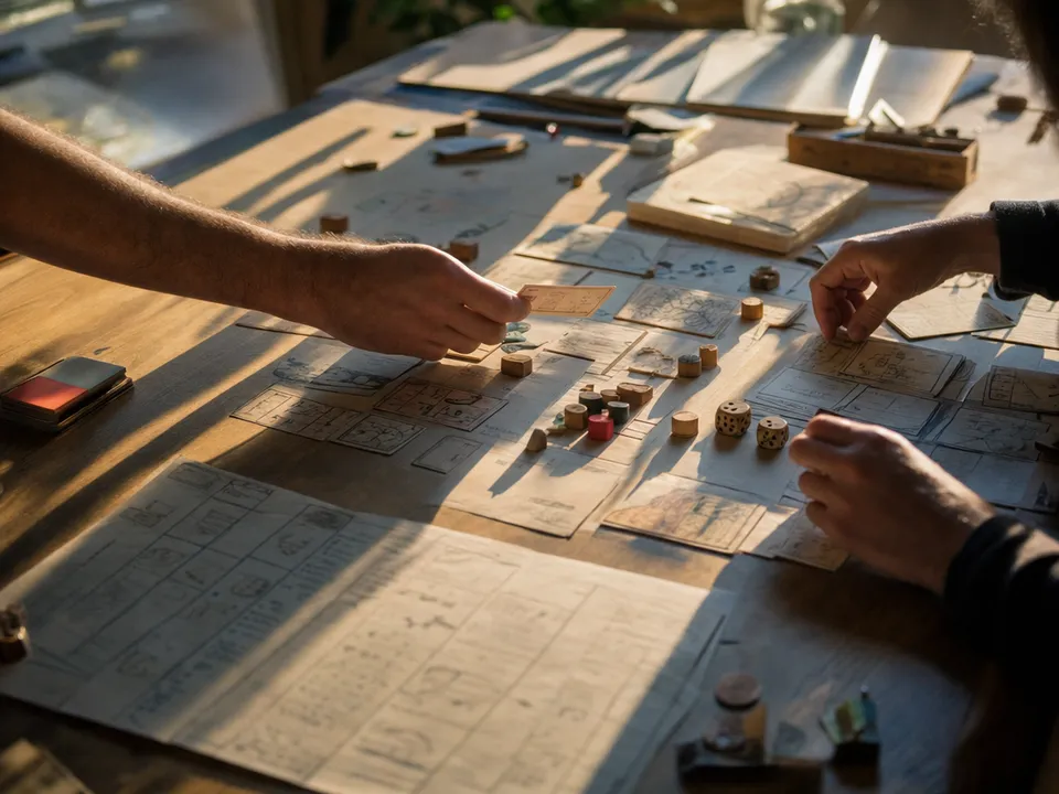 Game designers with paper prototypes, economies reviewed in a smart contract audit