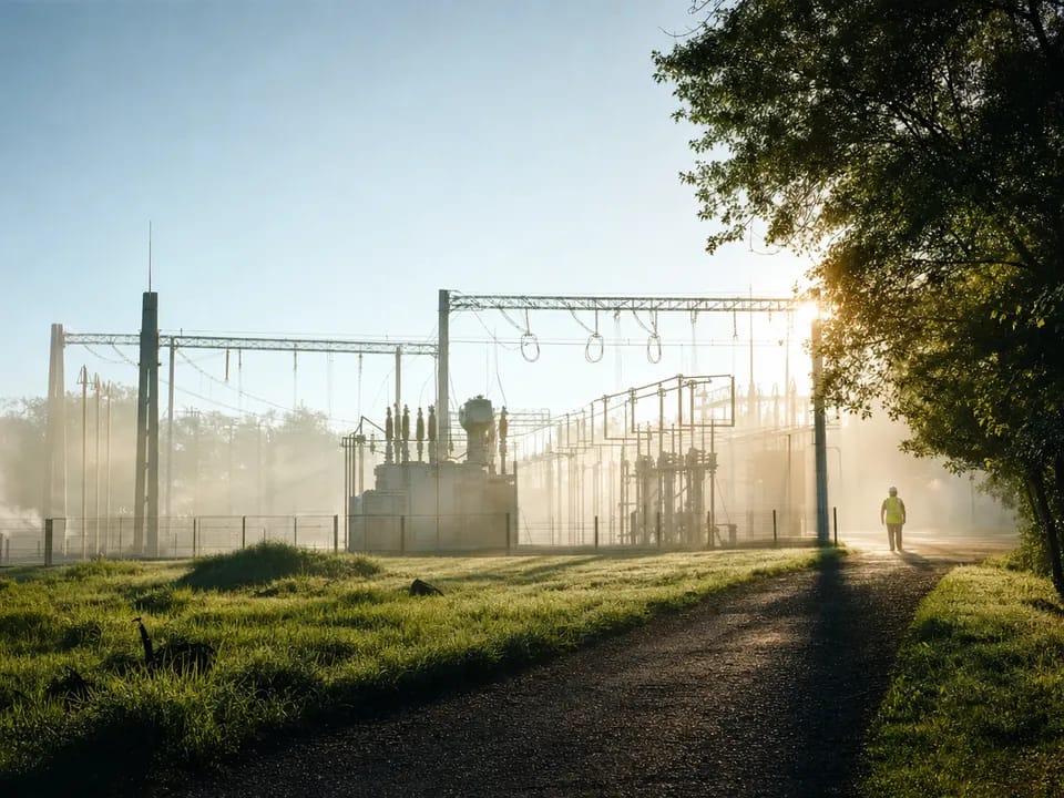 Subestación eléctrica en la niebla de la mañana, liquidación de energía con automatización on-chain