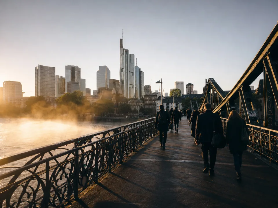 Torres de oficinas de Fráncfort vistas desde la pasarela Eiserner Steg al amanecer, con peatones de espaldas, bonos electrónicos con blockchain en Alemania