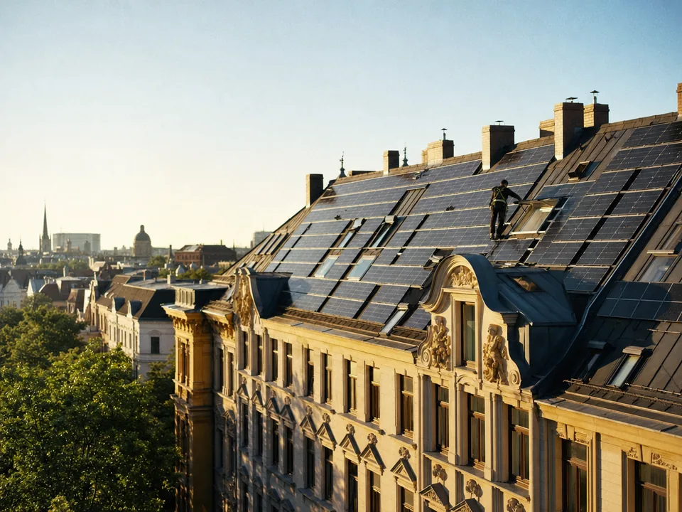 Solar panels on the roof of a Leipzig apartment building with a technician seen from behind, shared rooftop solar with blockchain in Germany