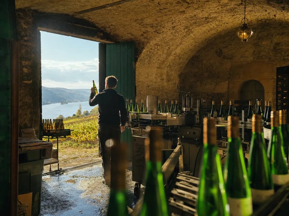 Tall Riesling bottles on the labelling line of a vaulted Moselle winery cellar, wine control number with blockchain in Germany