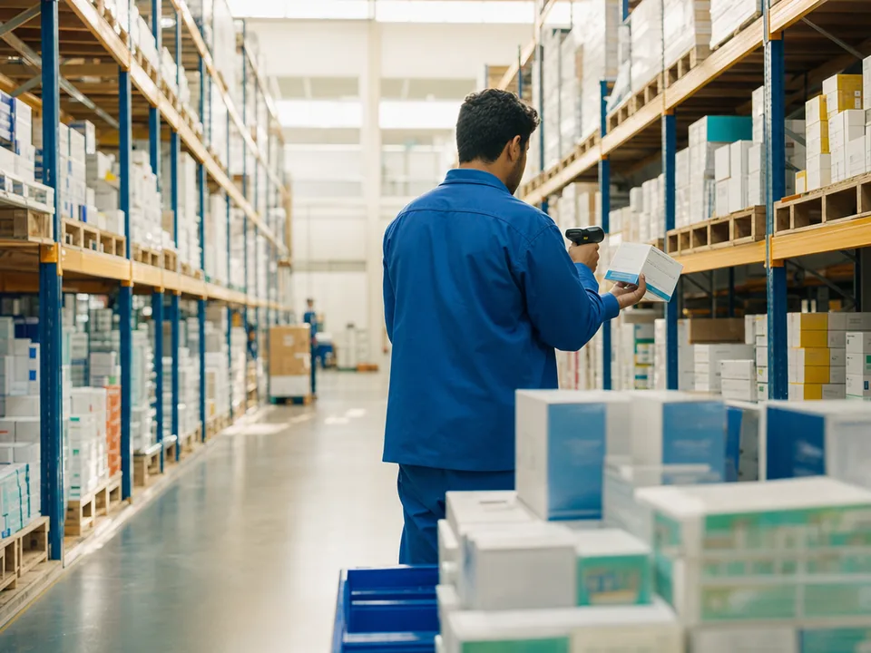 Worker seen from behind scanning a carton of medicines in a pharmaceutical distribution warehouse, medicine traceability with blockchain in Saudi Arabia