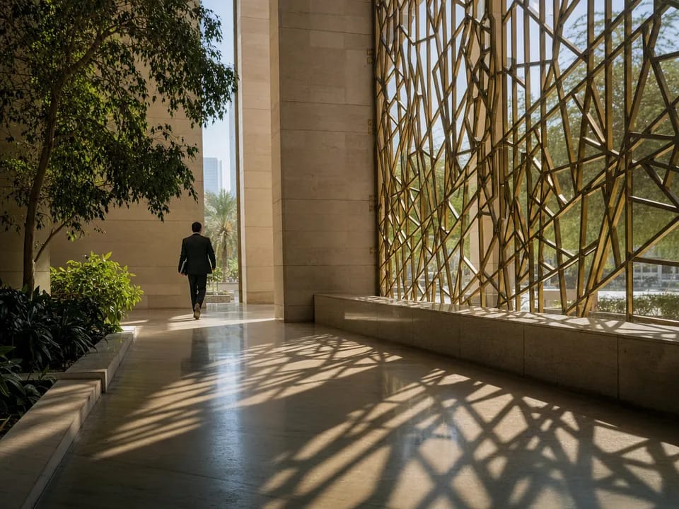 Office atrium in Riyadh with a lattice screen casting geometric shadows on the stone floor, sukuk on DLT with blockchain in Saudi Arabia