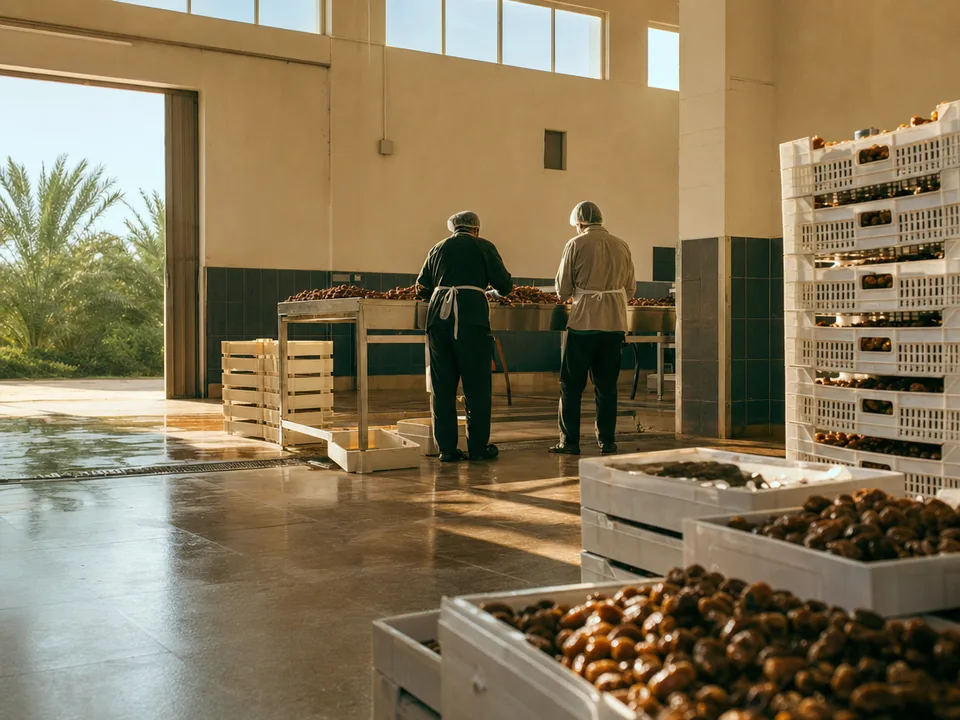 Workers seen from behind sorting dates on a steel table in a packing house in Al-Qassim, date certification with blockchain in Saudi Arabia