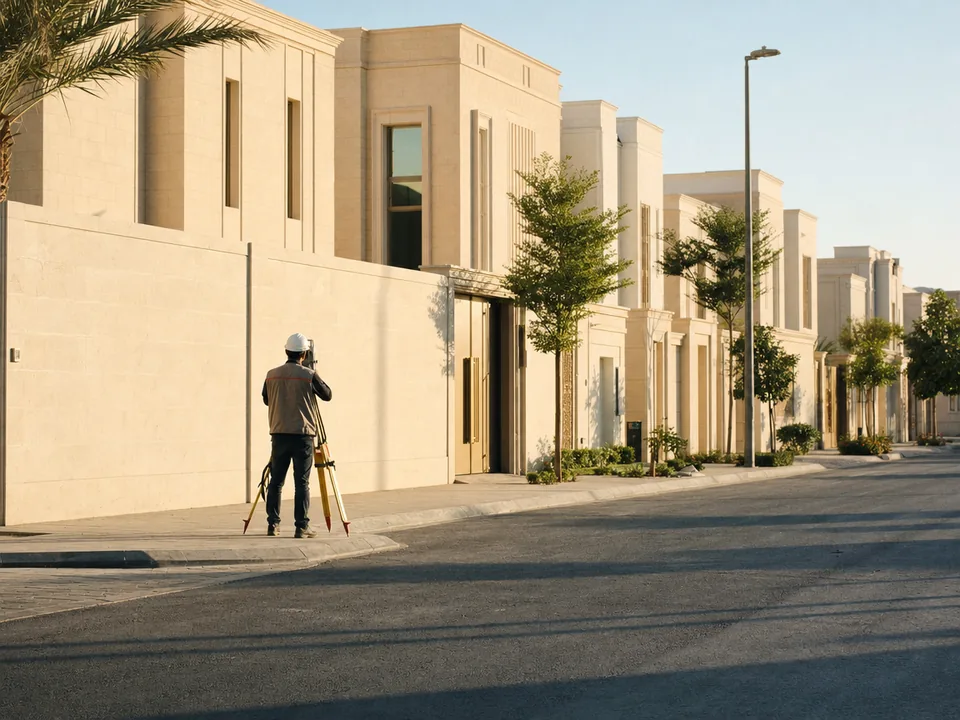 Surveyor seen from behind measuring by the wall of newly built beige stone villas in Riyadh, registered property units with blockchain in Saudi Arabia