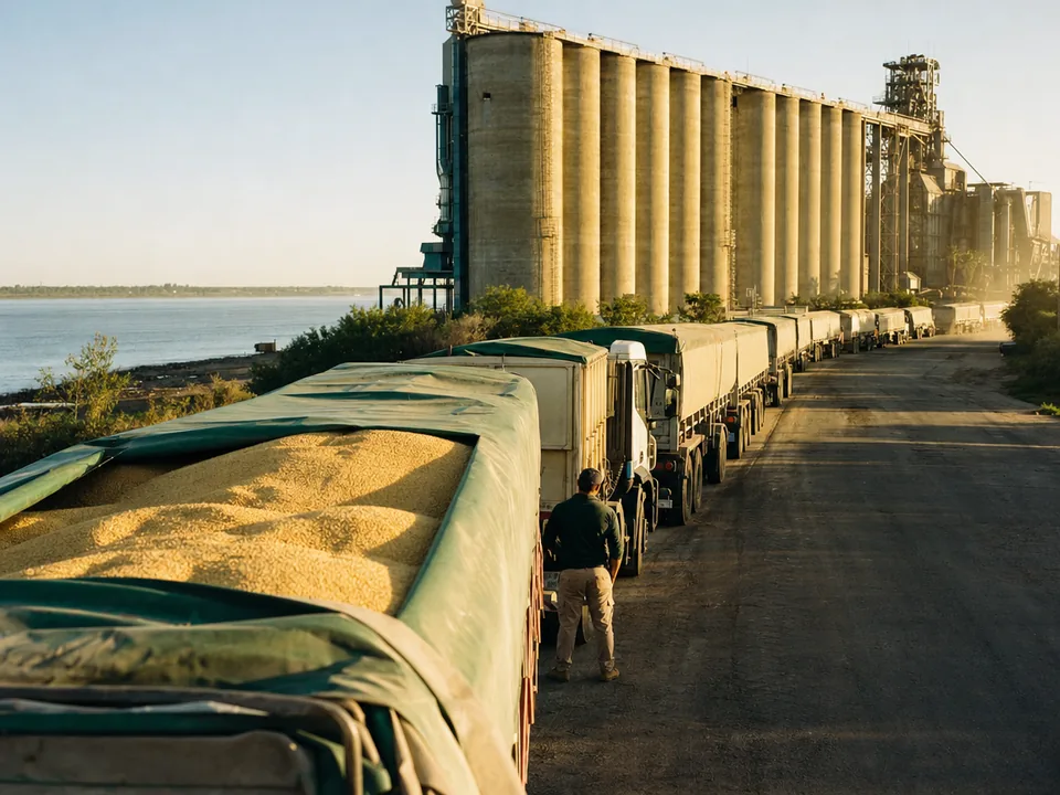 Line of trucks loaded with soybeans waiting beside the silos of a Greater Rosario terminal, grain waybills with blockchain in Argentina