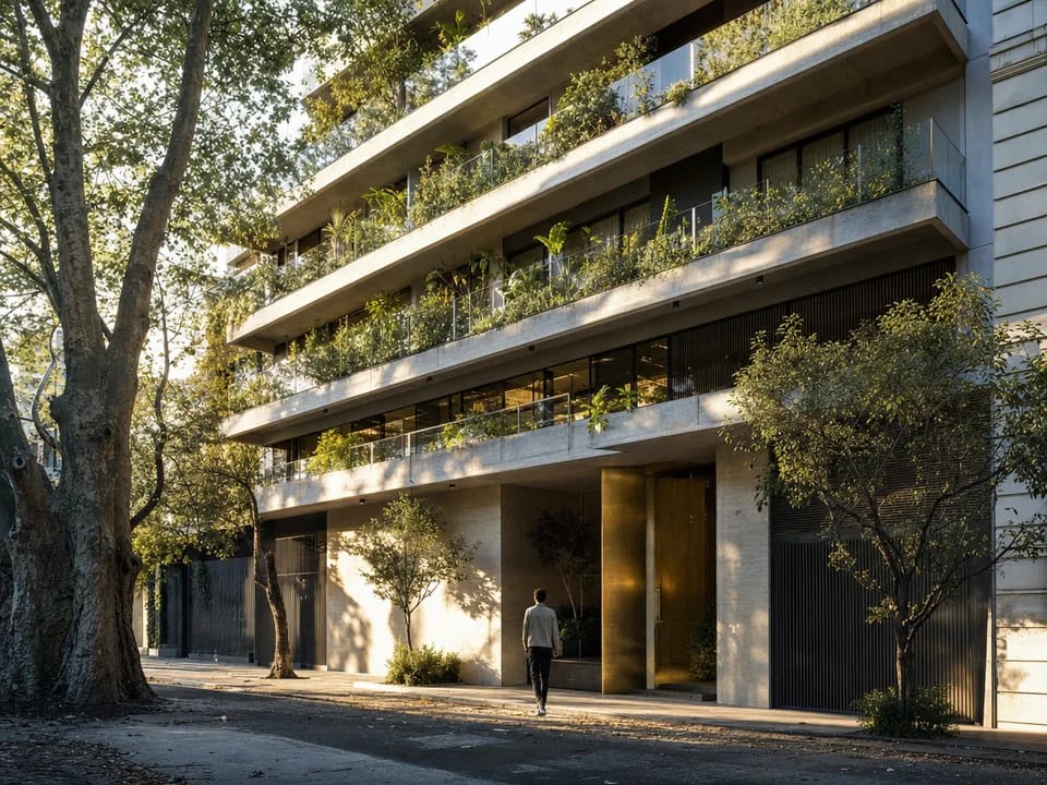 Edificio de viviendas recién terminado con balcones y plantas en una calle arbolada de Buenos Aires, fideicomisos inmobiliarios digitales con blockchain en Argentina