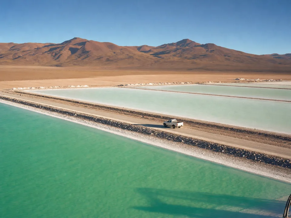 Lithium brine evaporation ponds on a salt flat in the Puna with mountains behind, lithium traceability with blockchain in Argentina
