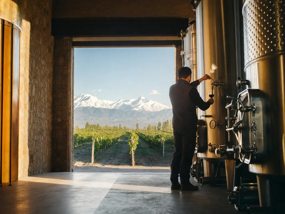 Bodeguero de espaldas tomando una muestra de vino de un tanque de acero en una bodega de Mendoza con los Andes al fondo, vino de exportación con blockchain en Argentina