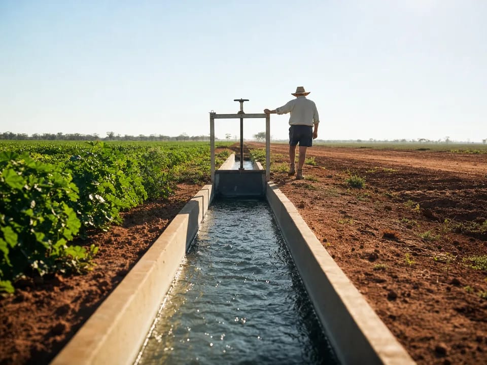 Canal de riego de hormigón con una compuerta junto a cultivos en la cuenca Murray-Darling y un regante de espaldas, derechos de agua con blockchain en Australia
