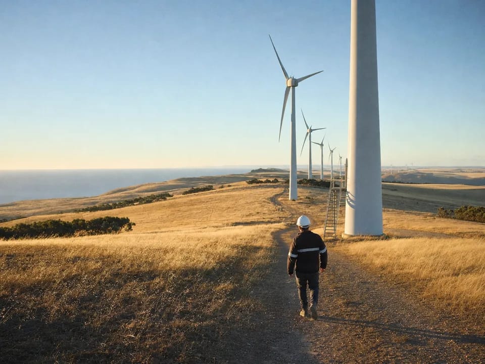 Aerogeneradores sobre campos de trigo en Australia Meridional con un técnico de espaldas, garantías de origen con blockchain en Australia