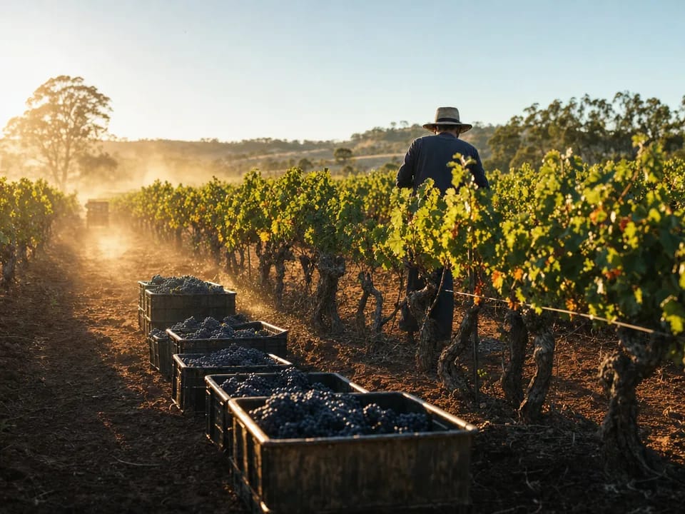 Cajas de uva recién vendimiada entre hileras de viñas viejas del valle de Barossa con un vendimiador de espaldas, trazabilidad del vino con blockchain en Australia
