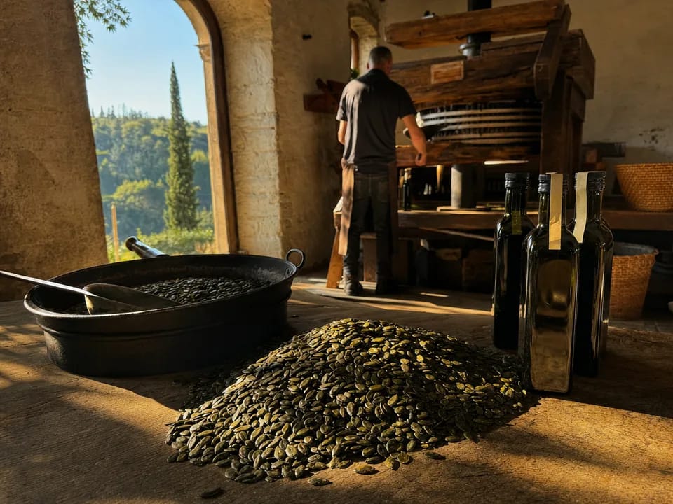 Pepitas de calabaza tostadas y botellas de aceite verde oscuro en un molino de aceite de Estiria, aceite de calabaza estirio con blockchain en Austria