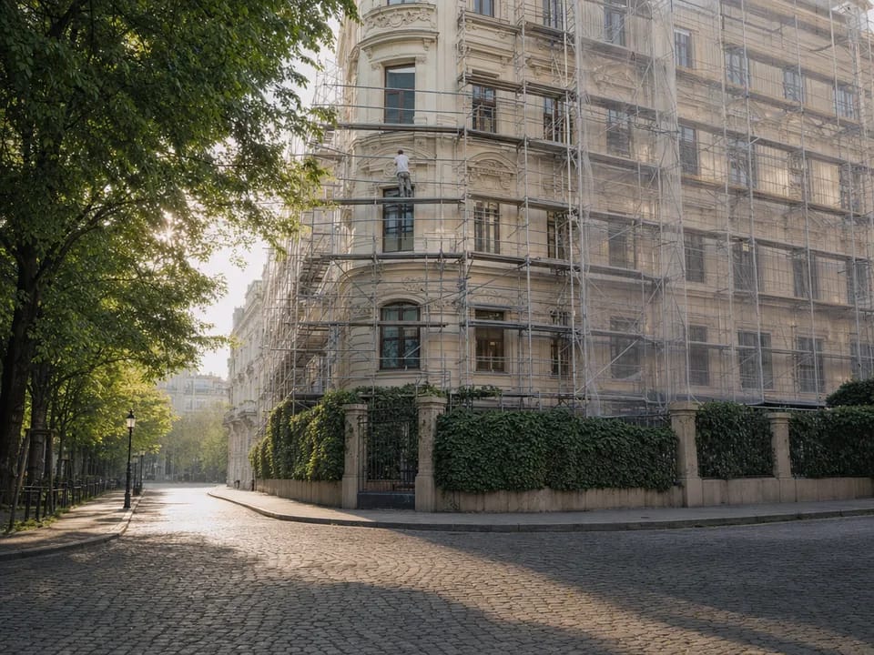Facade of a Viennese Gründerzeit building covered in scaffolding during its renovation, renovation crowdfunding with blockchain in Austria