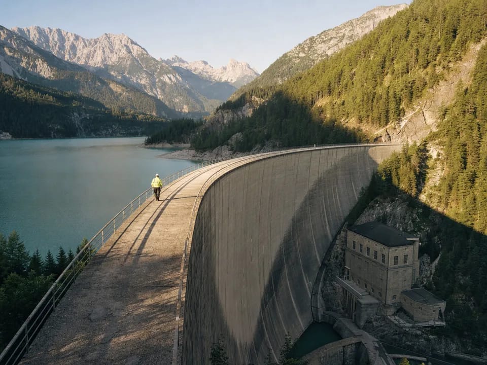 Dam and hydroelectric plant in an Austrian Alpine valley with a turquoise reservoir, guarantees of origin with blockchain in Austria