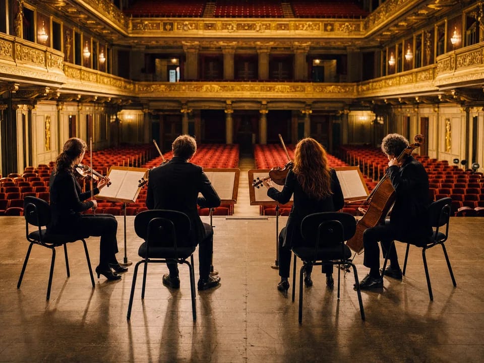 Cuarteto de cuerda de espaldas ensayando en una sala de conciertos de Viena con atriles y partituras, programas de conciertos con blockchain en Austria