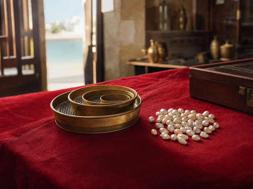 Perlas naturales sobre un paño rojo junto a cribas de latón de un comerciante de perlas en Manama, informes de perlas naturales con blockchain en Baréin