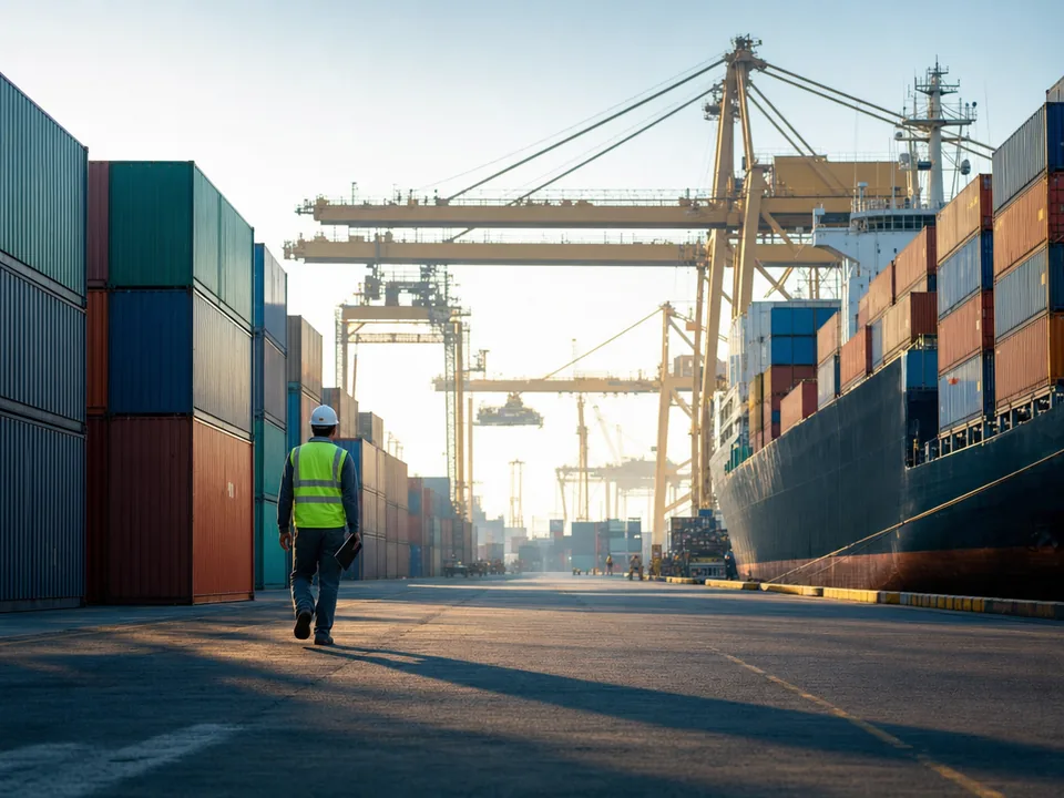 Pilas de contenedores y grúas portuarias en un puerto de Baréin con bruma de primera hora, conocimientos de embarque electrónicos con blockchain en Baréin
