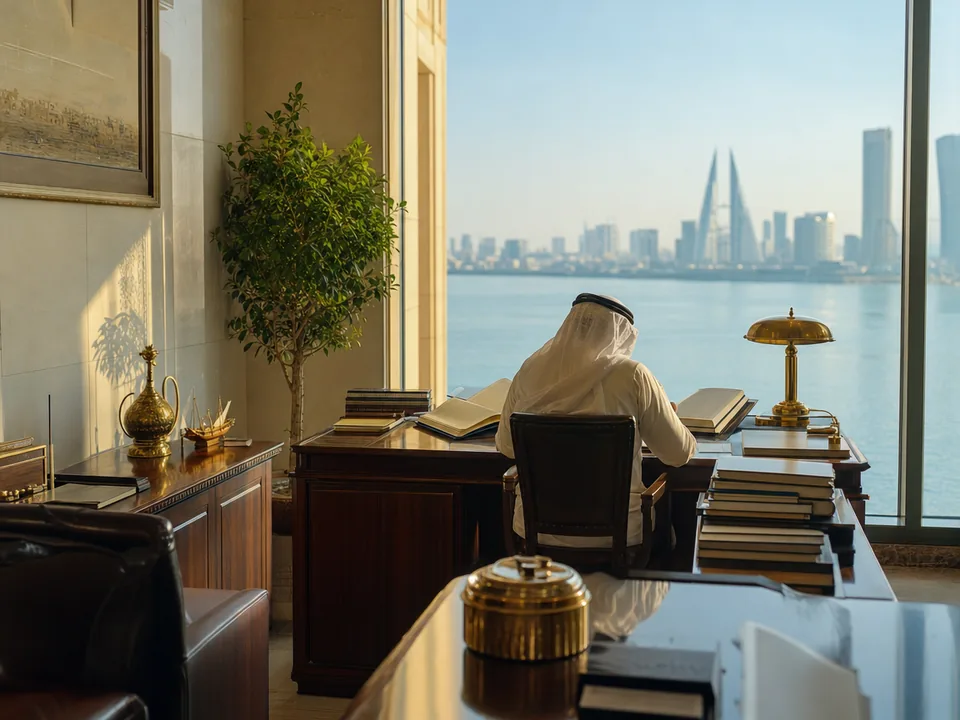 Persona de espaldas revisando libros de registro impresos en una oficina de tesorería con vistas a la bahía de Manama, reservas de stablecoins con blockchain en Baréin