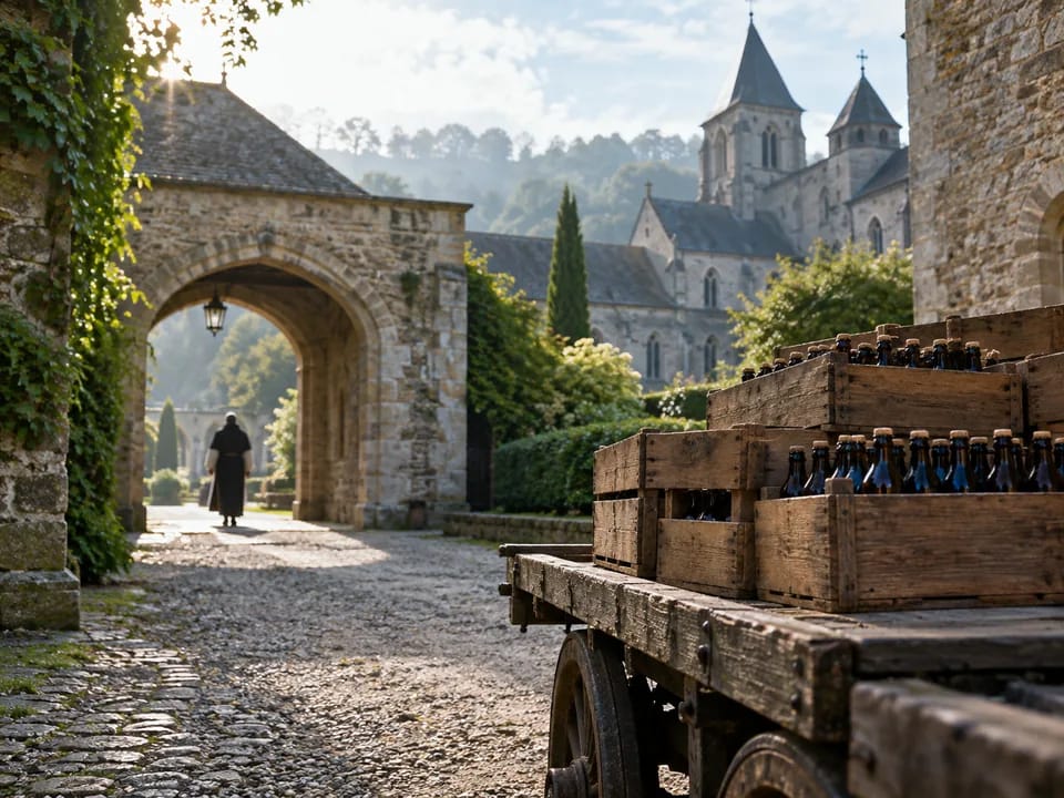 Crates of unlabelled beer bottles stacked against the stone walls of a Belgian abbey, Trappist beer with blockchain in Belgium