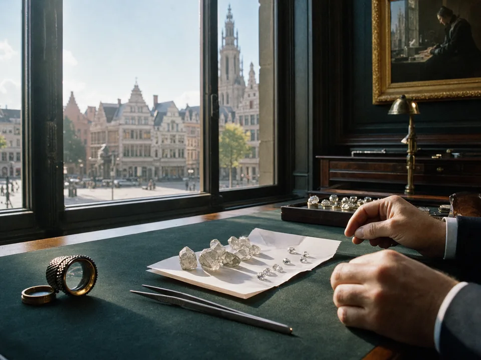 Rough and cut diamonds on folded diamond paper next to a loupe on an Antwerp table, Antwerp diamonds with blockchain in Belgium