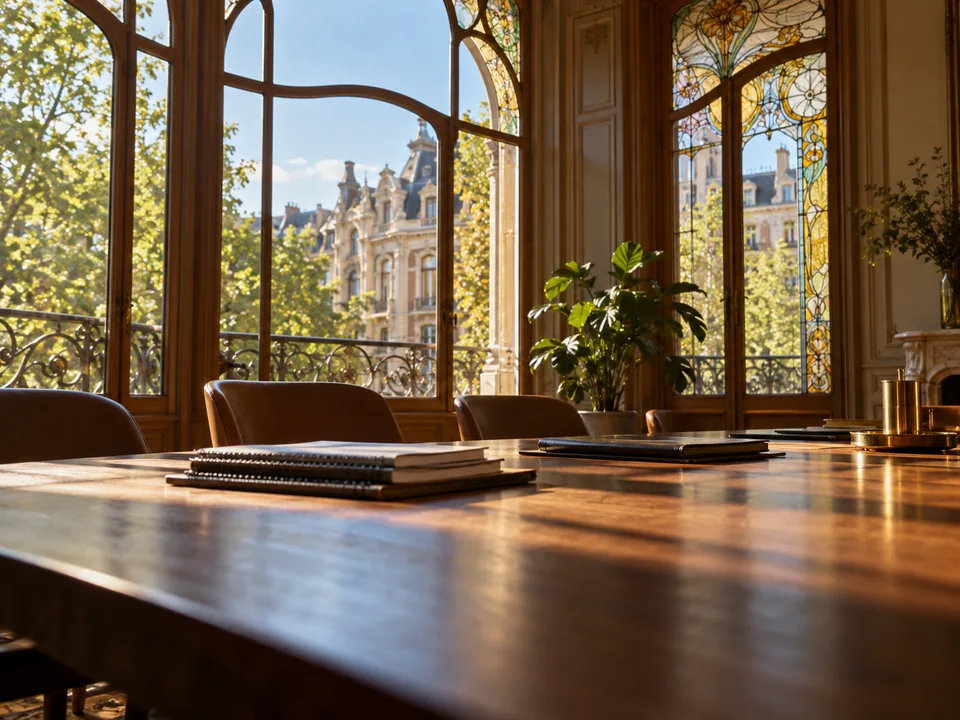 Long oak table with bound documents in the meeting room of an Art Nouveau townhouse in Brussels, white paper offerings with blockchain in Belgium